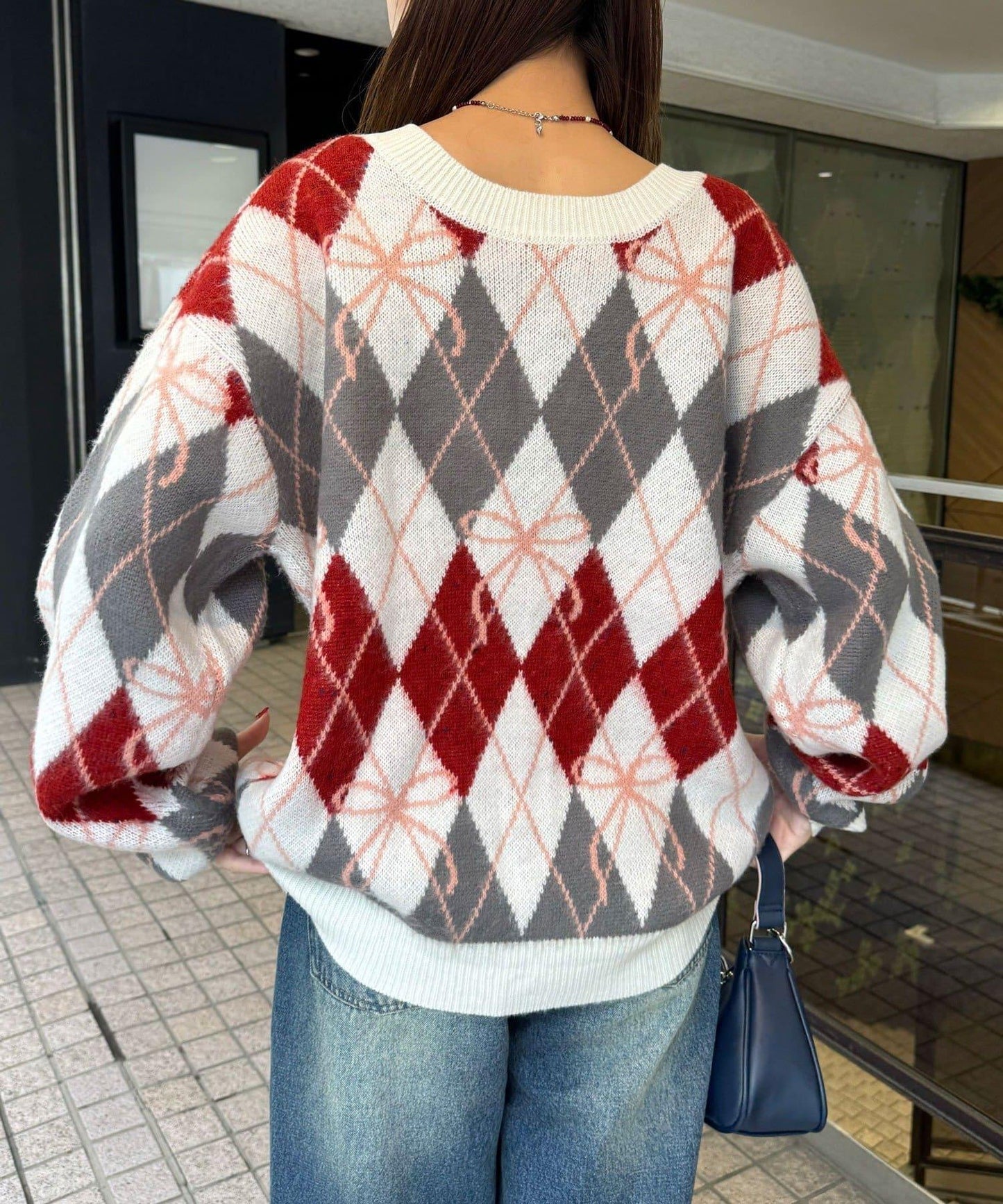 蝴蝶結菱格針織開衫