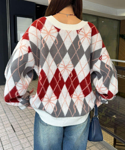 蝴蝶結菱格針織開衫