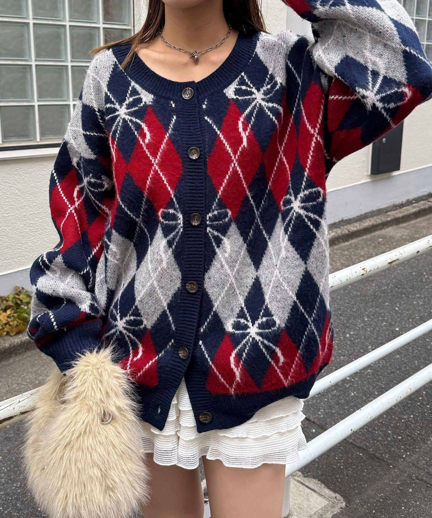 蝴蝶結菱格針織開衫