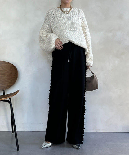 剪裁喬其紗側邊荷葉邊褲