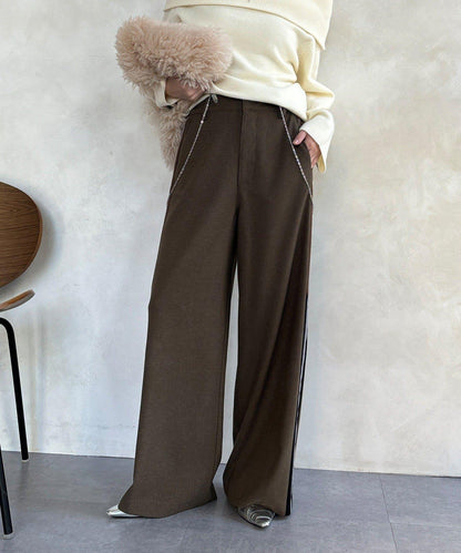 側邊條紋寬腿褲