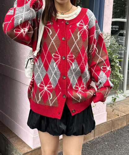 蝴蝶結菱格針織開衫