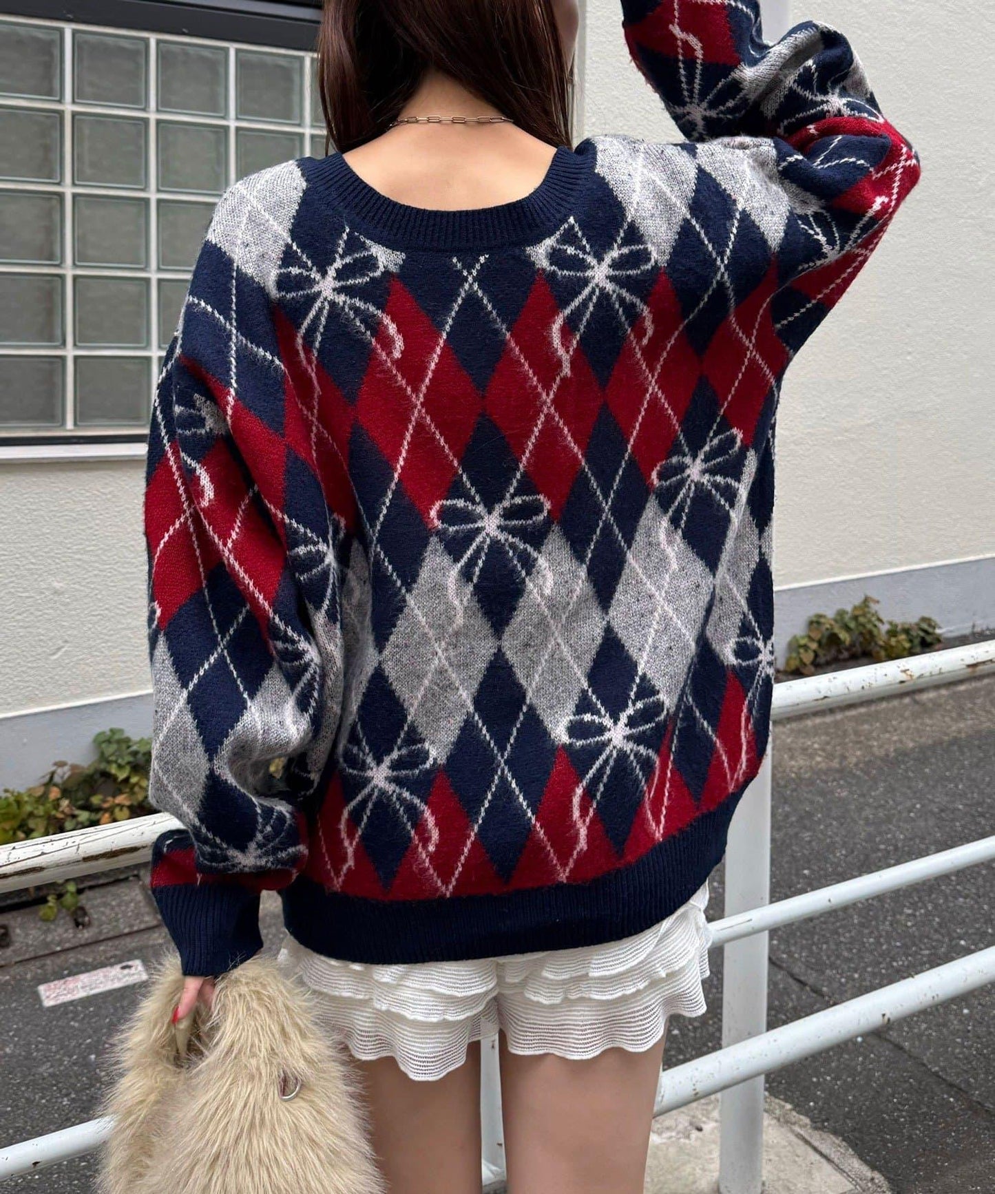 蝴蝶結菱格針織開衫