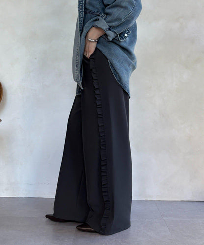 剪裁喬其紗側邊荷葉邊褲