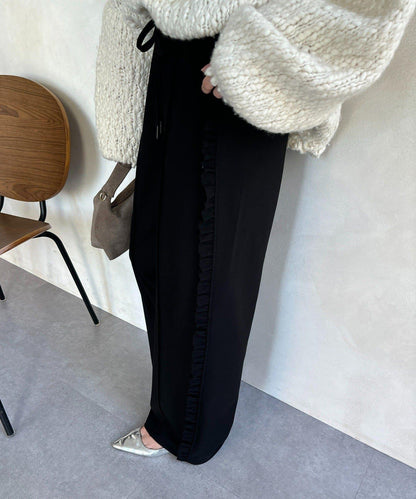 剪裁喬其紗側邊荷葉邊褲