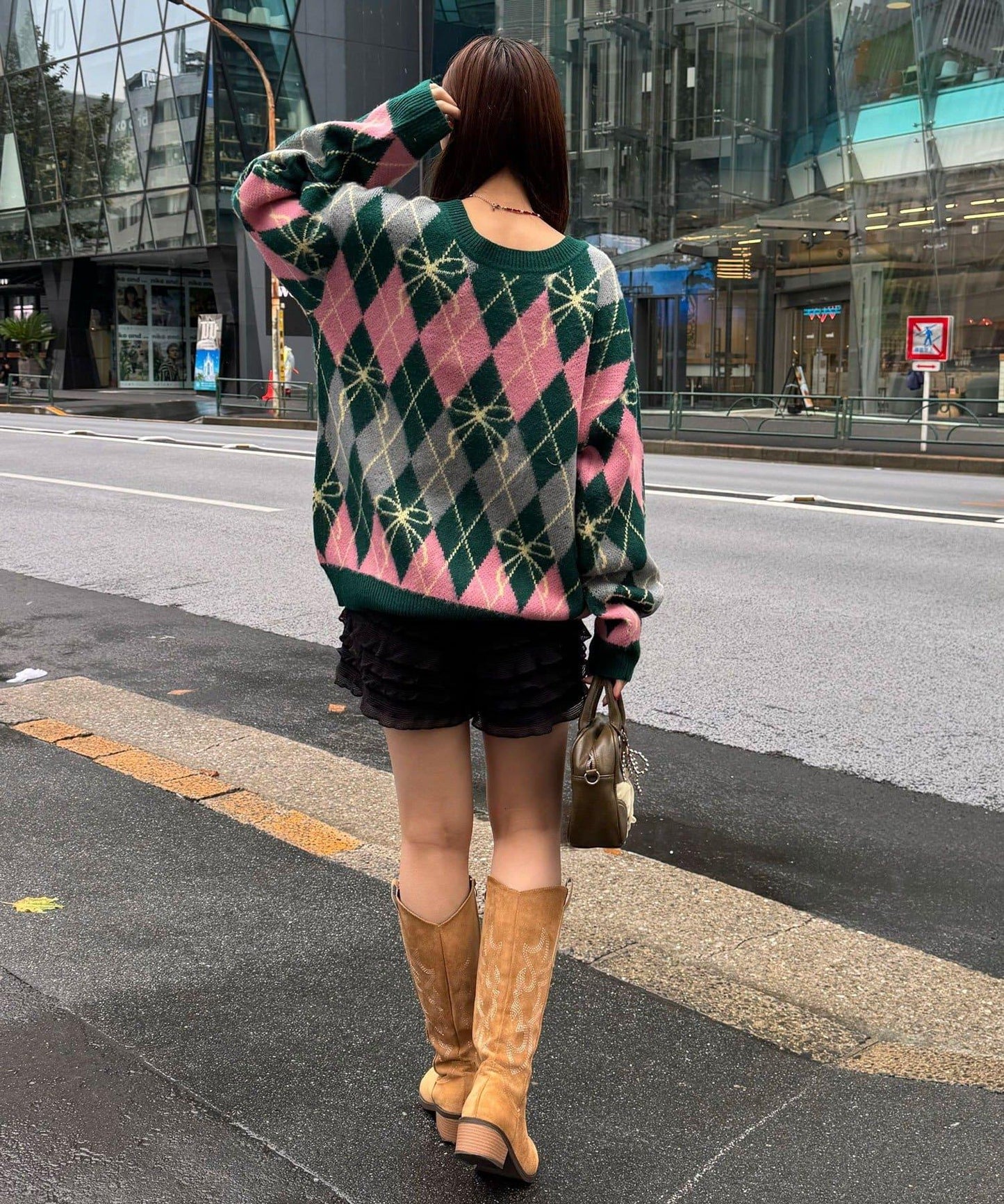 蝴蝶結菱格針織開衫