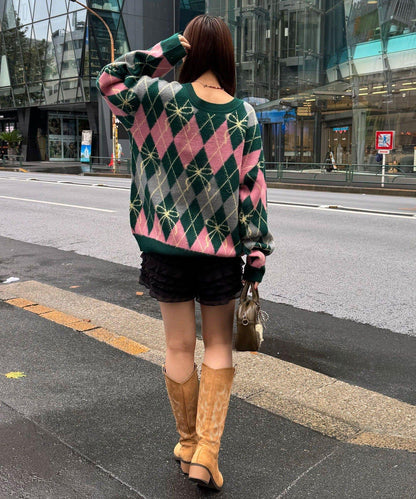 蝴蝶結菱格針織開衫