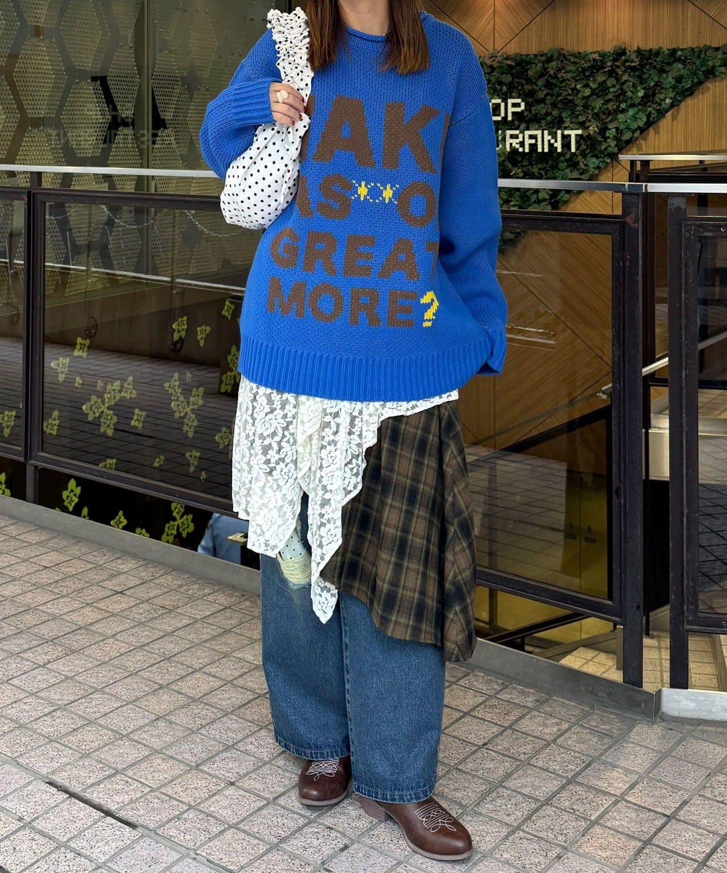 蕾絲拼接格紋不規則中長裙