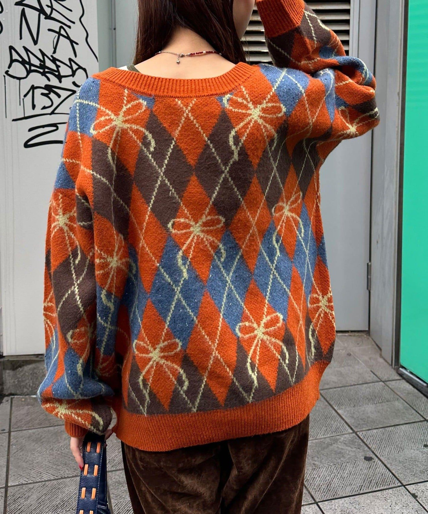 蝴蝶結菱格針織開衫