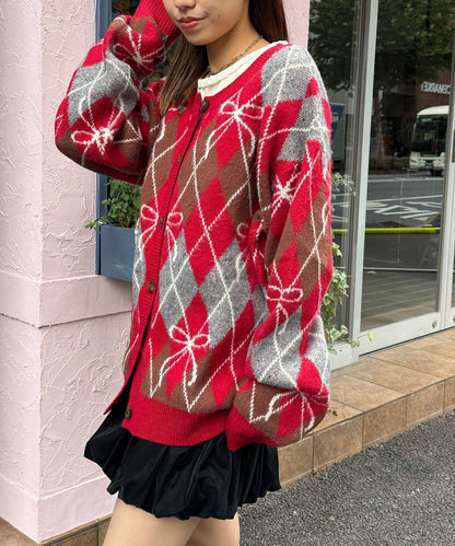 蝴蝶結菱格針織開衫