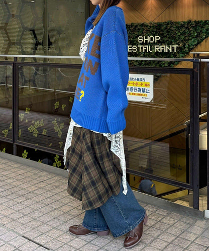 蕾絲拼接格紋不規則中長裙