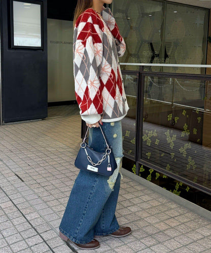 蝴蝶結菱格針織開衫