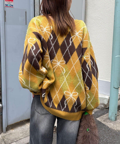 蝴蝶結菱格針織開衫