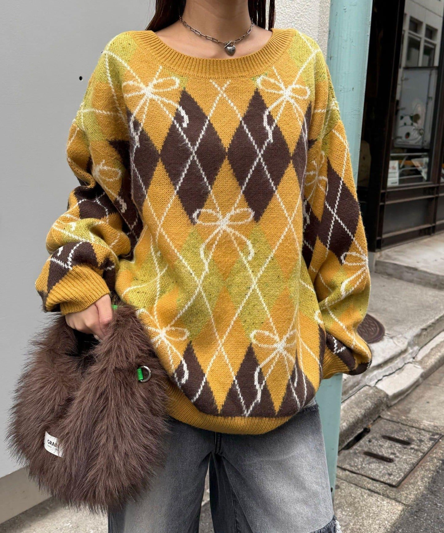 蝴蝶結菱格針織開衫