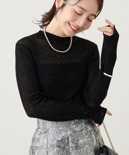 透視亮片高領羅紋針織衫