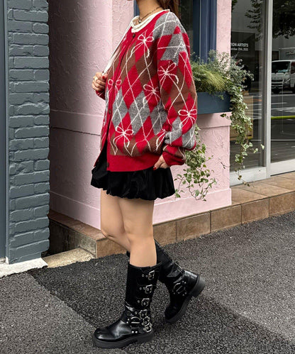 蝴蝶結菱格針織開衫