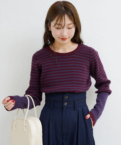 【4色可選】B 條紋指孔針織上衣