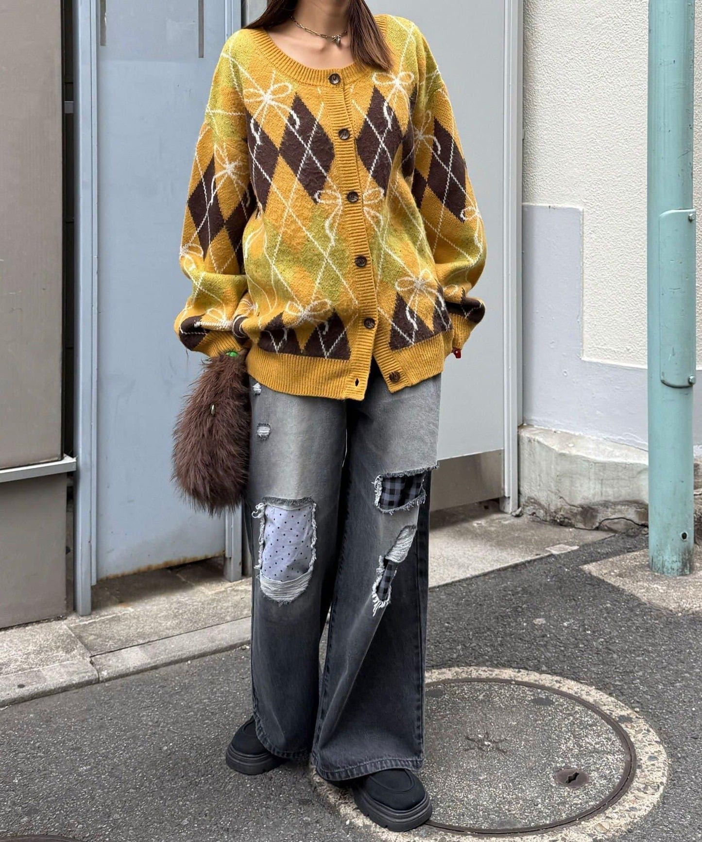 蝴蝶結菱格針織開衫