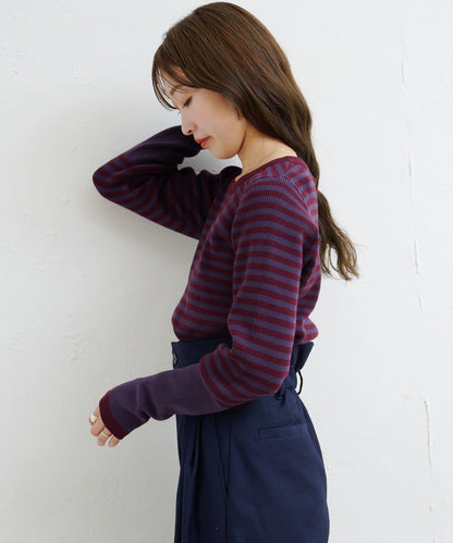 【4色可選】B 條紋指孔針織上衣