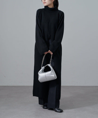 高領前開叉長款連衣裙