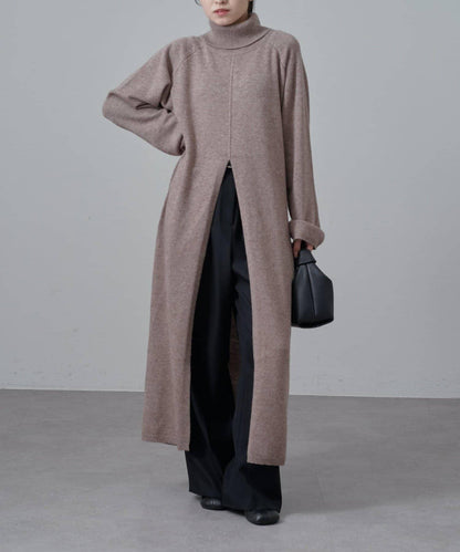 高領前開叉長款連衣裙