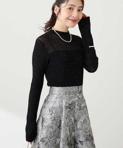 透視亮片高領羅紋針織衫
