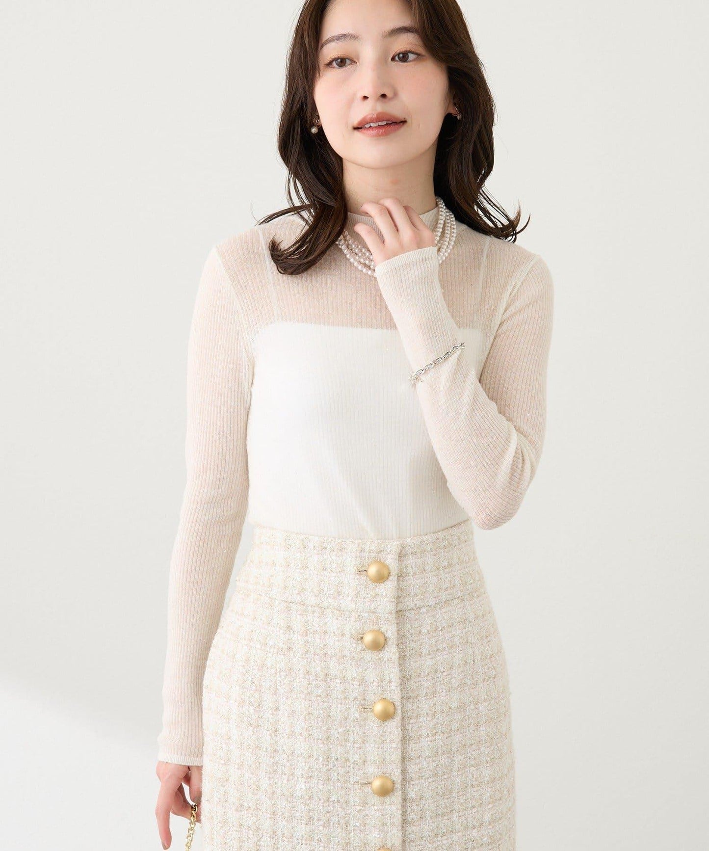 透視亮片高領羅紋針織衫