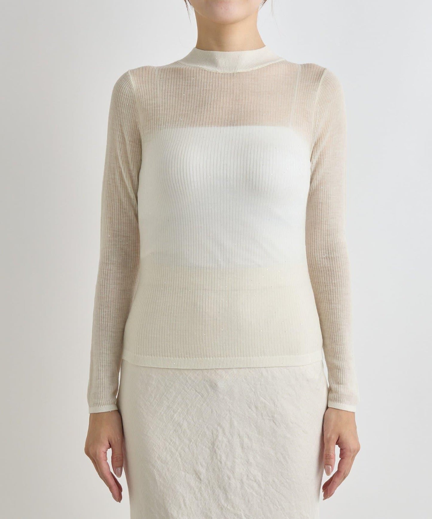 透視亮片高領羅紋針織衫