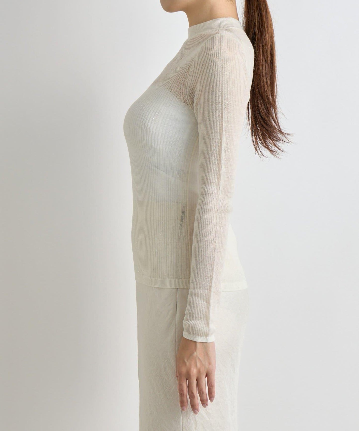 透視亮片高領羅紋針織衫