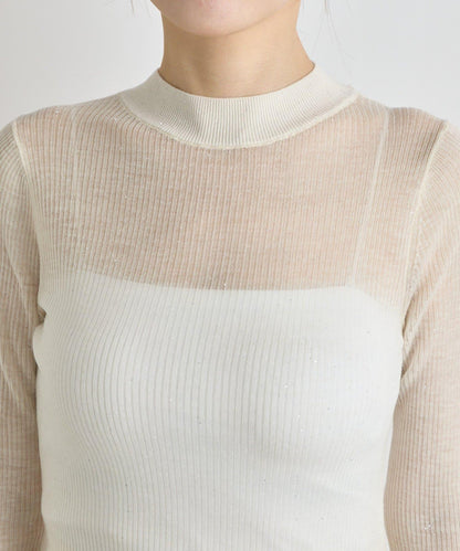 透視亮片高領羅紋針織衫