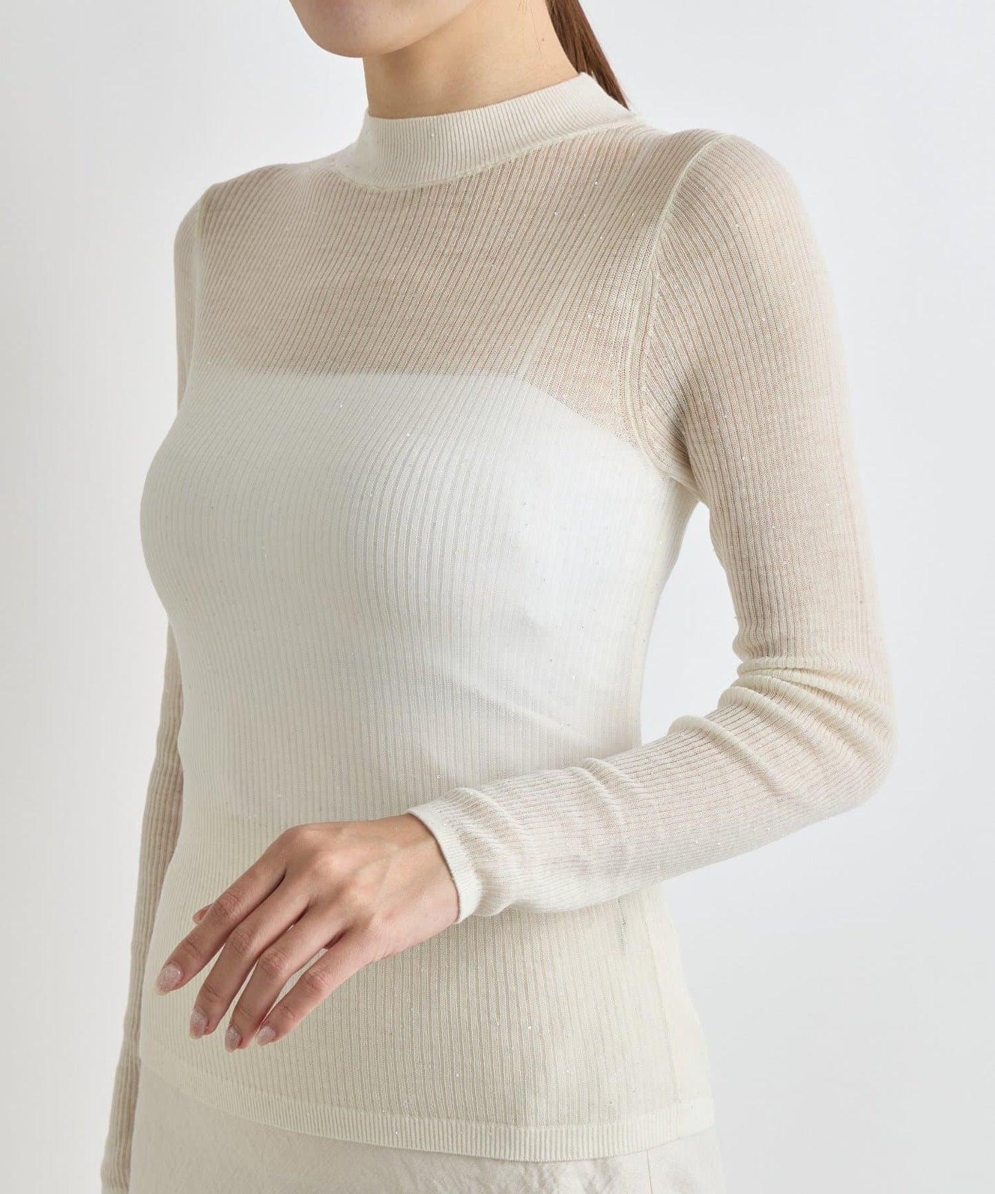 透視亮片高領羅紋針織衫