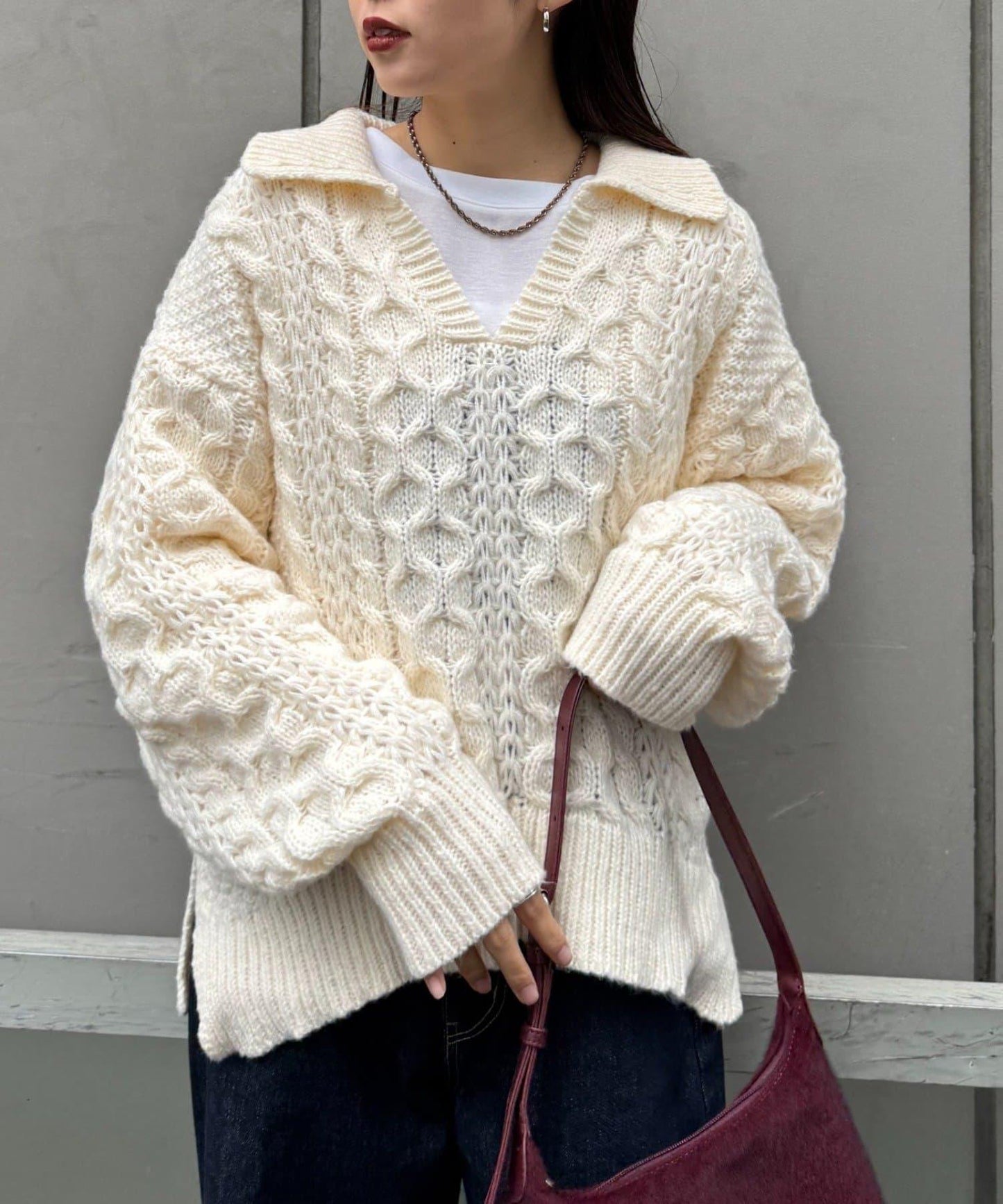 翻領針織麻花毛衣