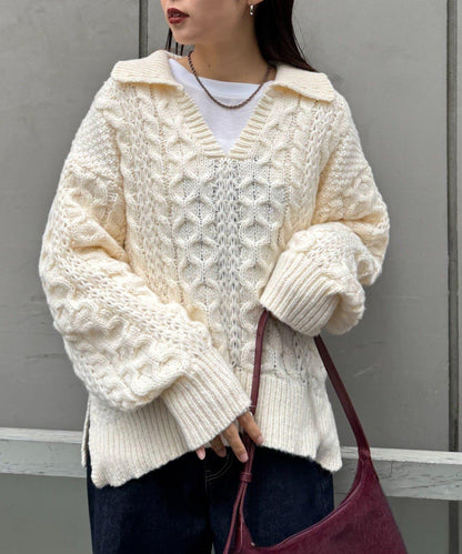翻領針織麻花毛衣