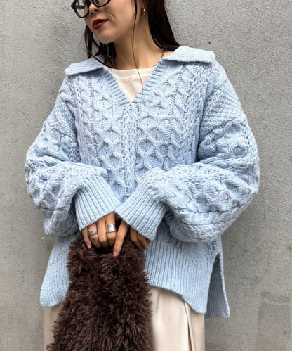 翻領針織麻花毛衣