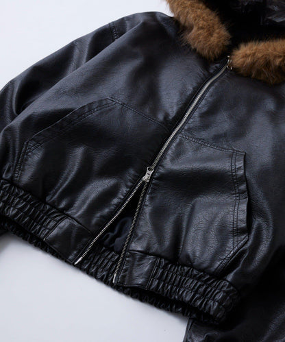 復古風格皮革毛絨連帽夾克