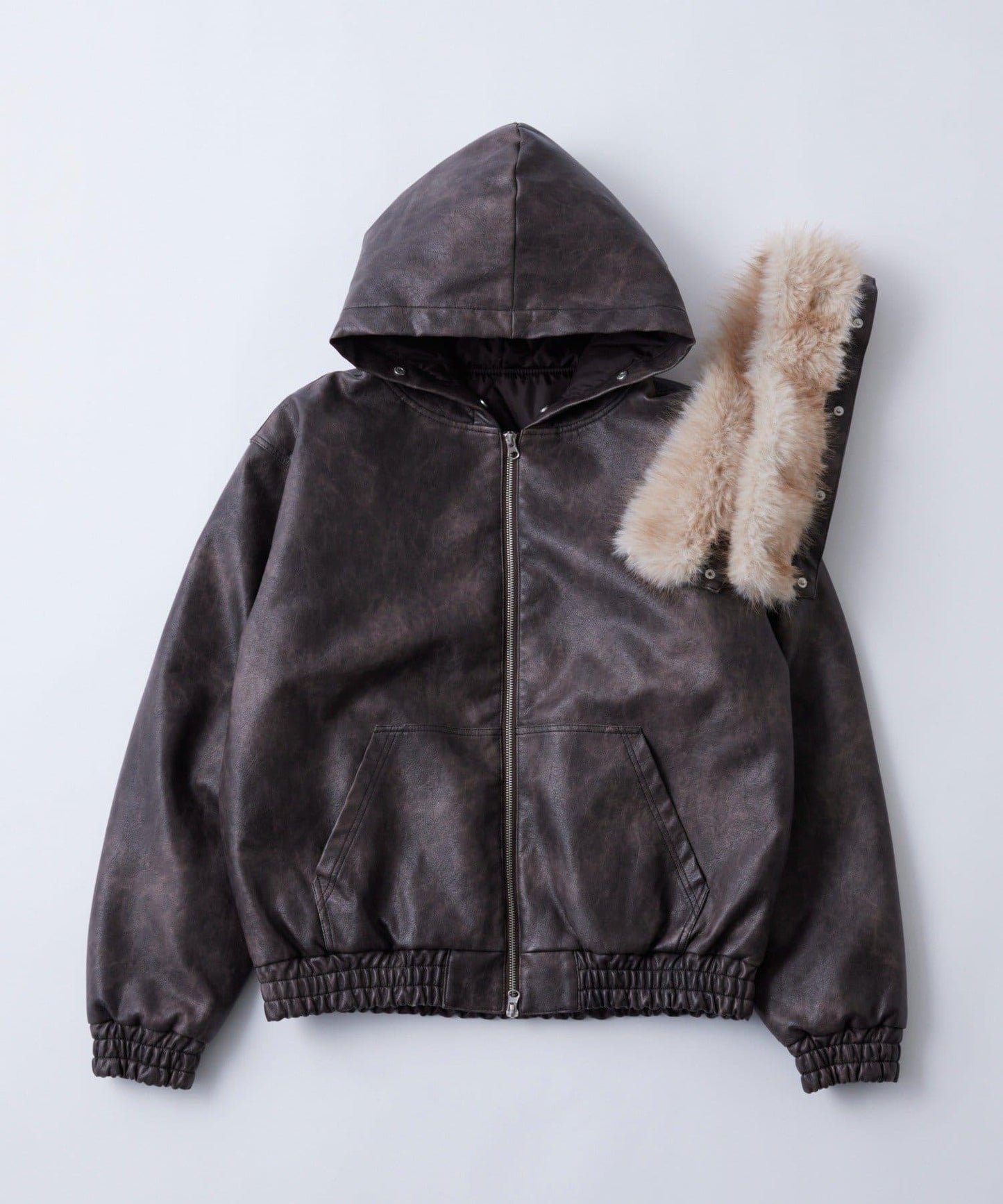 復古風格皮革毛絨連帽夾克