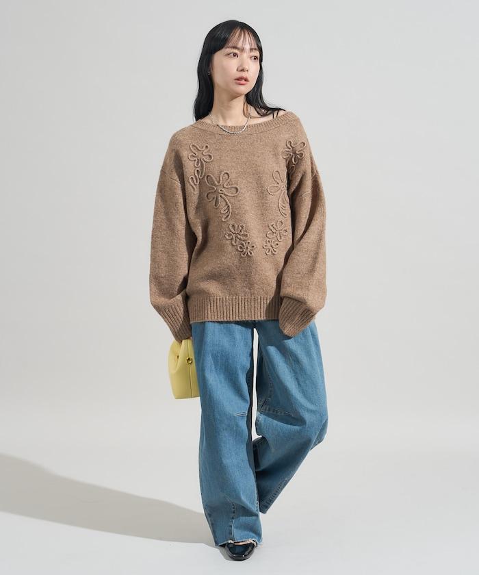 拼色 線繡花紋 針織套頭衫