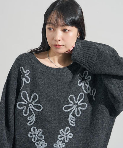 拼色 線繡花紋 針織套頭衫