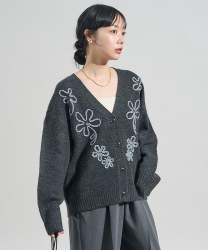 拼色 線繡花卉圖案針織開衫