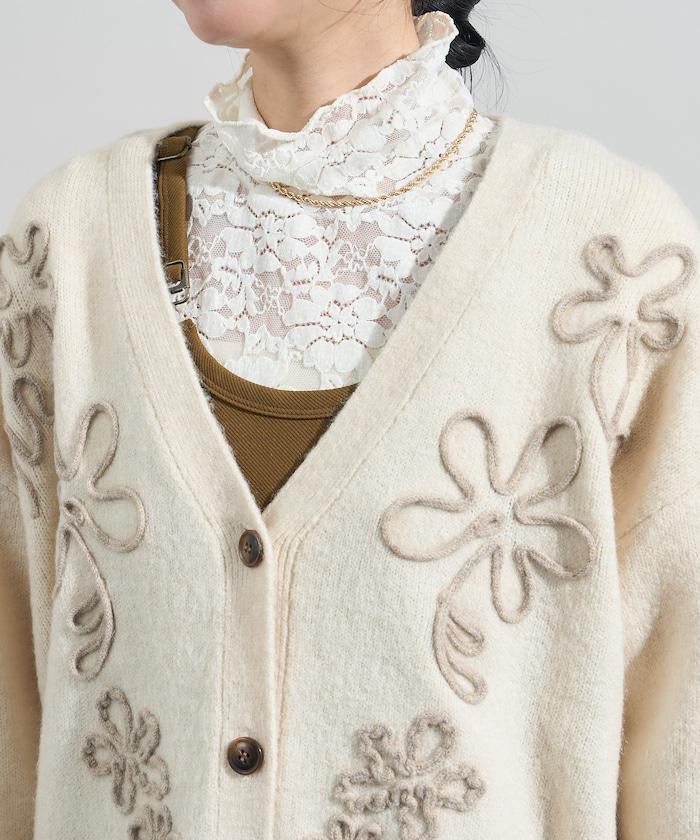 拼色 線繡花卉圖案針織開衫