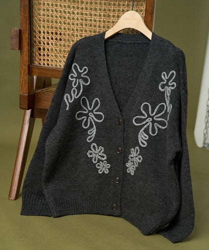 拼色 線繡花卉圖案針織開衫