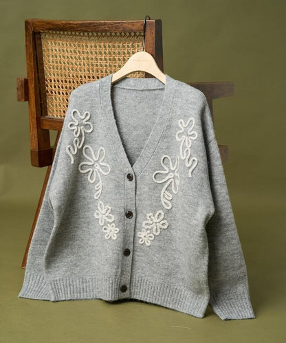 拼色 線繡花卉圖案針織開衫