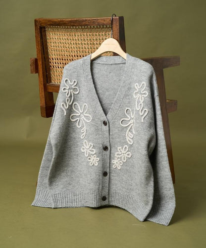 拼色 線繡花卉圖案針織開衫