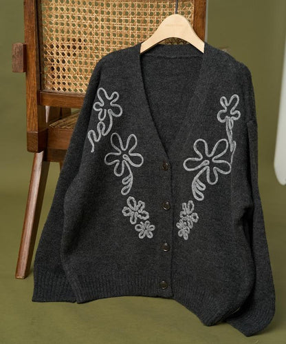 拼色 線繡花卉圖案針織開衫