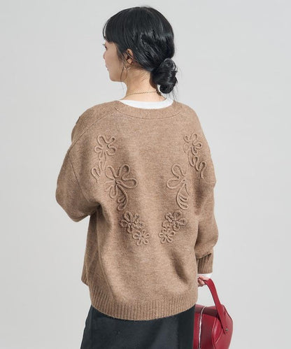 拼色 線繡花卉圖案針織開衫