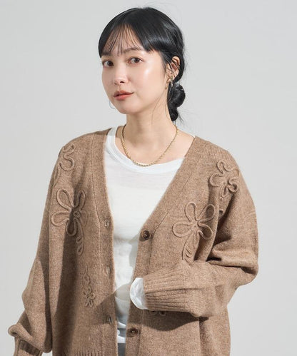 拼色 線繡花卉圖案針織開衫