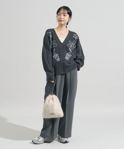 拼色 線繡花卉圖案針織開衫