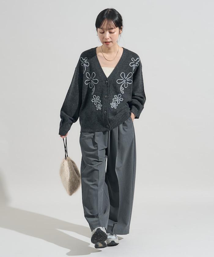 拼色 線繡花卉圖案針織開衫