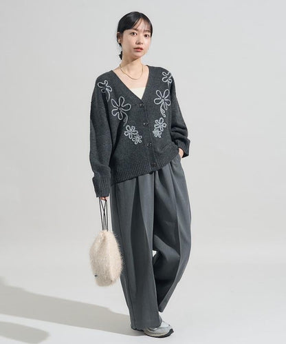 拼色 線繡花卉圖案針織開衫