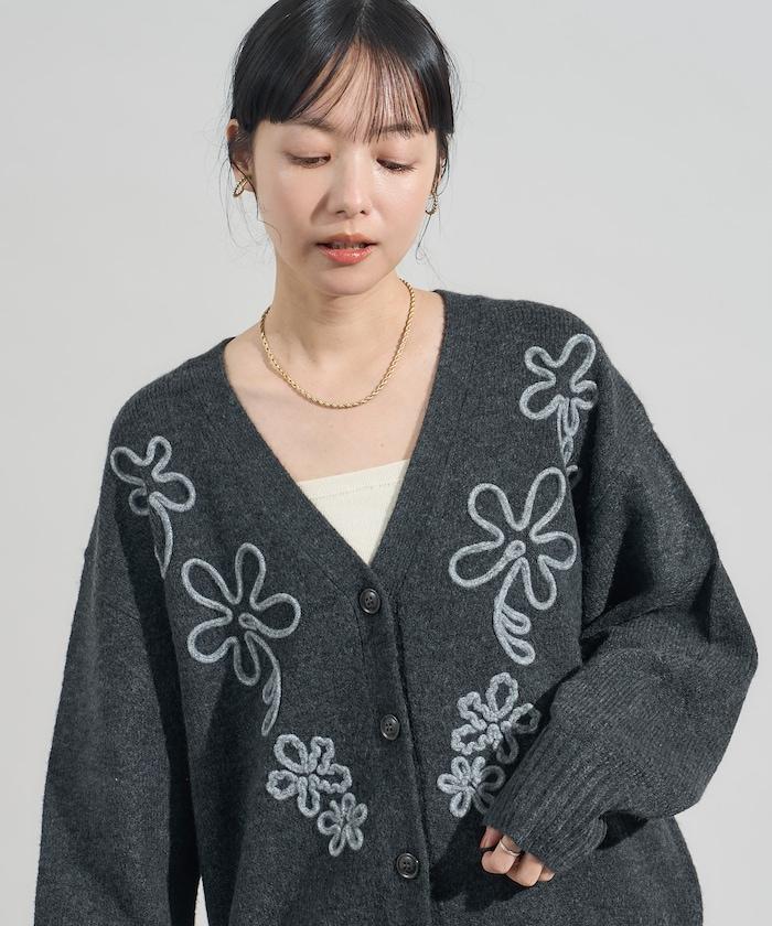 拼色 線繡花卉圖案針織開衫